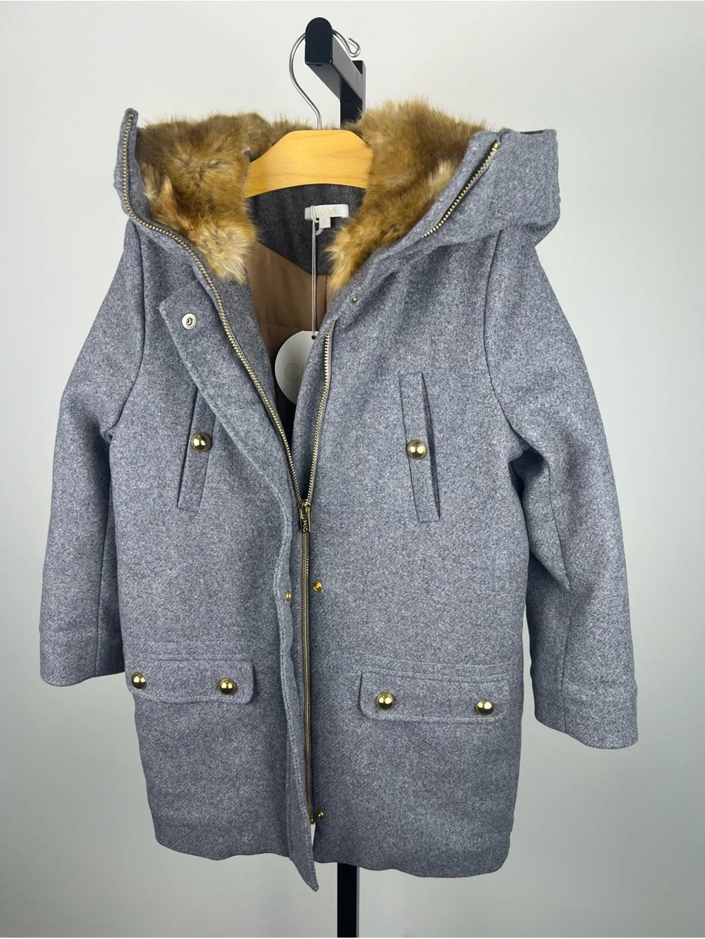 Chloé Girls Wool Fur Hooded Coat/Jacket, Gray, Size 8